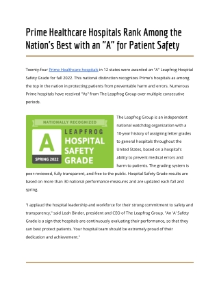 Prime Healthcare Hospitals Rank Among the Nation's Best with an _A_ for Patient Safety