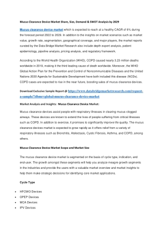 Mucus Clearance Device Market Share, Size, Demand & SWOT Analysis by 2029