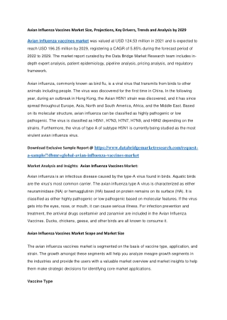 Avian Influenza Vaccines Market Size, Projections, Key Drivers, Trends and Analysis by 2029