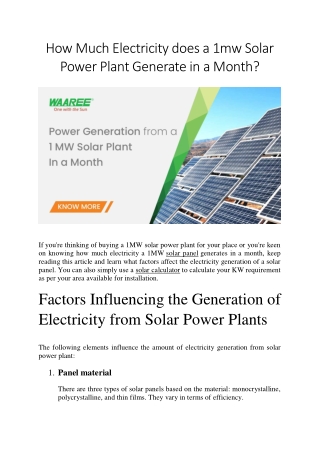 How Much Electricity does a 1mw Solar Power Plant Generate in a Month