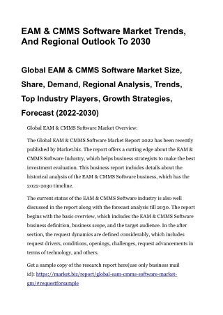 EAM & CMMS Software Market Trends, And Regional Outlook To 2030
