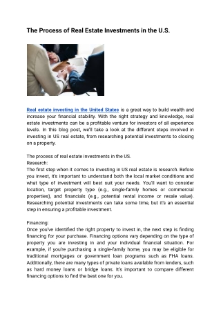 The Process of Real Estate Investments in the U.S.