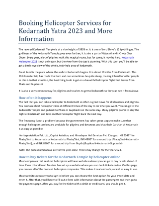 Booking Helicopter Services for Kedarnath Yatra 2023 and More Information
