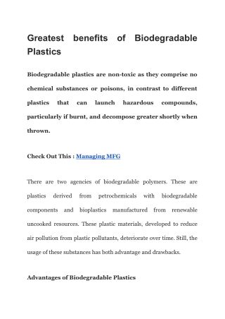 Greatest benefits of Biodegradable Plastics