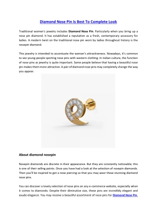 Diamond Nose Pin Is Best To Complete Look