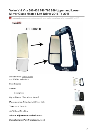 imsautoparts.com-Volvo Vnl Vnx 300 400 740 760 860 Upper and Lower Mirror Glass Heated Left Driver 2016 To 2018