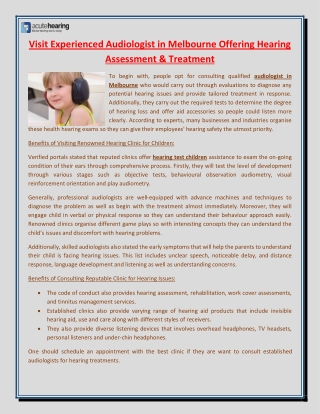 Visit Experienced Audiologist in Melbourne Offering Hearing Assessment & Treatment