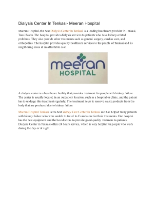 Dialysis Center In Tenkasi- Meeran Hospital