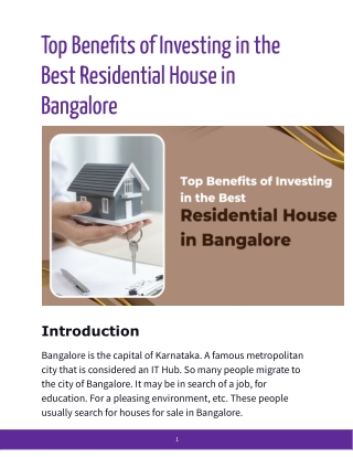 Top Benefits of Investing in the Best Residential House in Bangalore - Google Docs