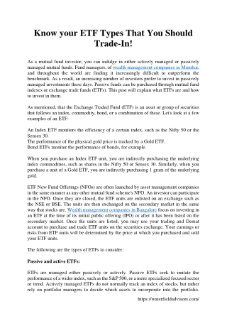 Know your ETF Types That You Should Trade-In!