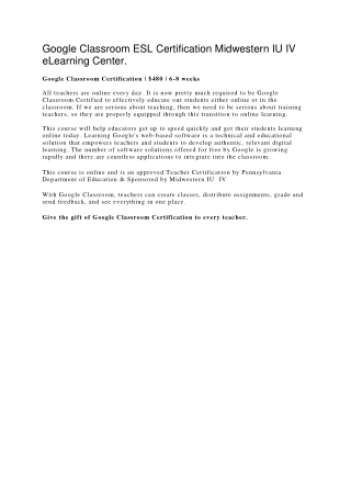 Google Classroom ESL Certification Midwestern IU IV eLearning Center