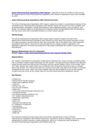 Active Pharmaceutical Ingredients Market Trends and Outlook Forecast 2029