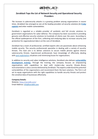 Zeroblack Tops the List of Network Security and Operational Security Providers