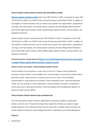 Clinical Analytics Solution Market to Reach USD 150.49 Billion by 2030