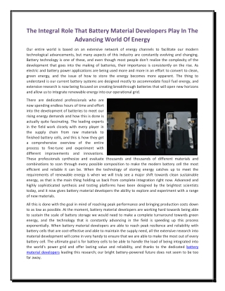 The Integral Role That Battery Material Developers Play In The Advancing World Of Energy