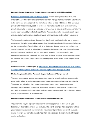 Pancreatic Enzyme Replacement Therapy Market Reaching USD 16.22 Billion by 2030