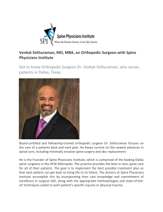 Venkat Sethuraman, MD, MBA, an Orthopedic Surgeon in Dallas with Spine Physicians Institute