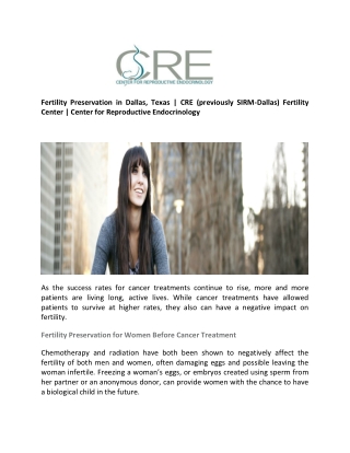 Fertility Preservation in Dallas, Texas  CRE (previously SIRM-Dallas) Fertility Center, Center for Reproductive Endocrin