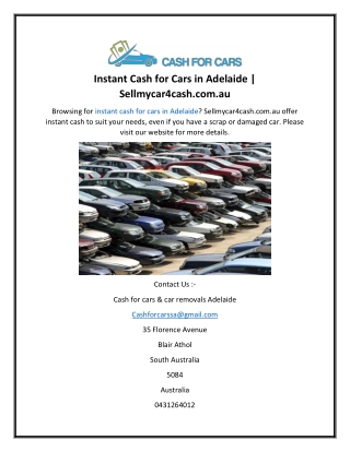 Instant Cash for Cars in Adelaide  Sellmycar4cash.com.au