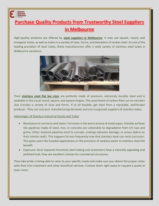 Purchase Quality Products from Trustworthy Steel Suppliers in Melbourne