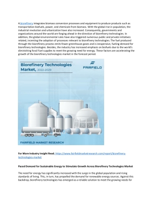 Biorefinery Technologies Market Analysis Research Report: Growing Demand in Mark