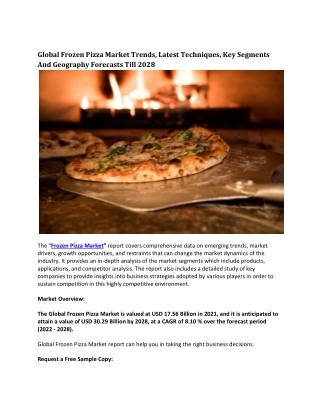 Global Frozen Pizza Market Trends, Latest Techniques, Key Segments And Geography