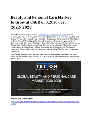 Beauty and Personal Care Market to Grow at CAGR of 3.20% over 2022-2028