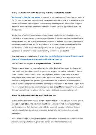 Nursing and Residential Care Market Growing at Healthy CAGR of 8.80 by 2028