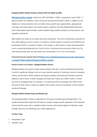 Biological Buffers Market Destine to Reach US 5.81 billion by 2030