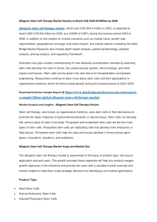 Allogenic Stem Cell Therapy Market Destine to Reach US 2109.50 Million by 2030