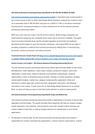 Life Sciences Business Processing Outsourcing Market to Hit US 455.36 Billion by 2029
