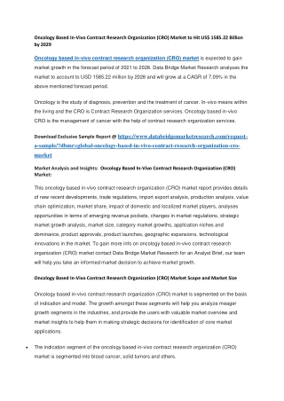 Oncology Based In-Vivo Contract Research Organization (CRO) Market to Hit US 1585.22 Billion by 2029