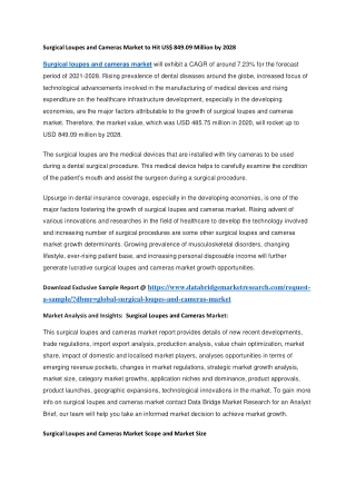 Surgical Loupes and Cameras Market to Hit US 849.09 Million by 2028