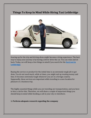 Things To Keep In Mind While Hiring Taxi Lethbridge