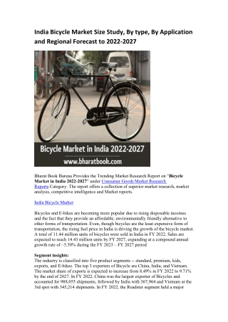 India Bicycle Market Size Study, By type, By Application and Regional Forecast to 2022-2027