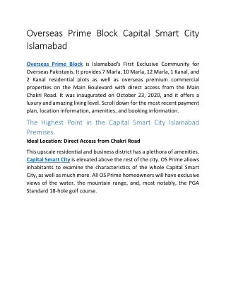 Overseas Prime Block Capital Smart City Islamabad
