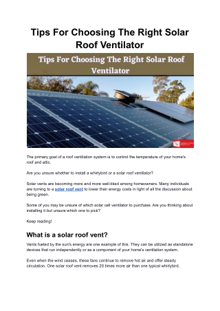 Tips For Choosing The Right Solar Roof Ventilator