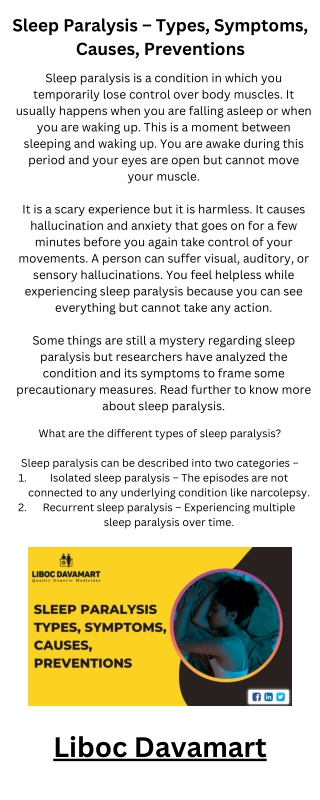 Sleep Paralysis – Types, Symptoms, Causes, Preventions