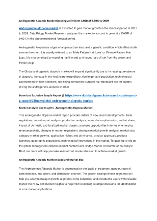 Androgenetic Alopecia Market Growing at Eminent CAGR of 9.60 by 2029
