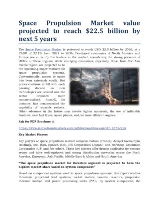 Space Propulsion Market Value Projected to Reach $22.5 billion by next 5 years