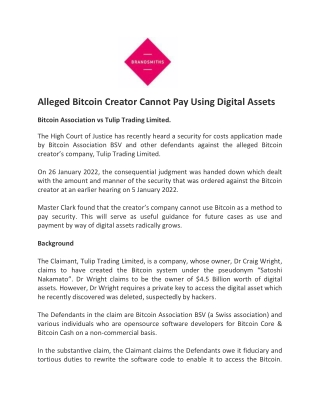 Alleged Bitcoin Creator Cannot Pay Using Digital Assets - Brandsmiths