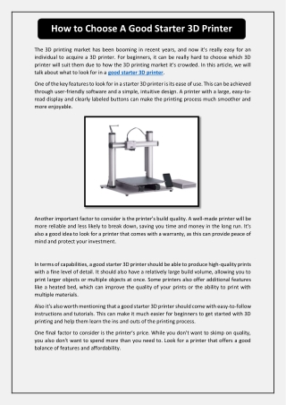How to Choose A Good Starter 3D Printer