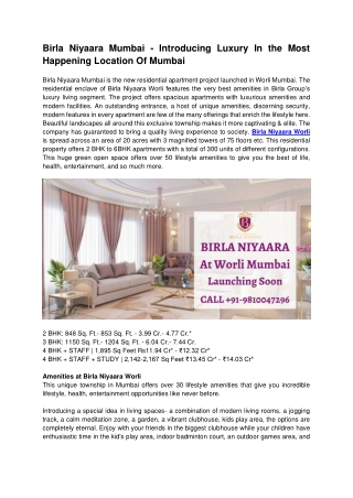 Birla Niyaara Mumbai - Introducing Luxury Homes At Most Happening Location Of Mumbai