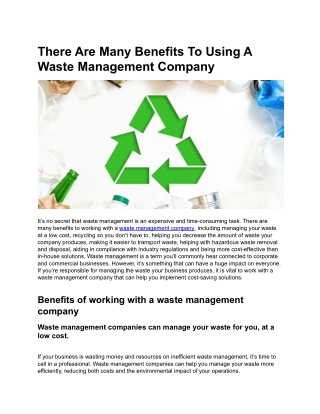 There Are Many Benefits To Using A Waste Management Company