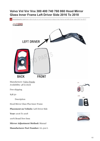 imsautoparts.com-Volvo Vnl Vnr Vnx 300 400 740 760 860 Hood Mirror Glass Inner Frame Left Driver Side 2016 To 2018