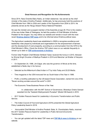 Great Honours and Recognition for His Achievements