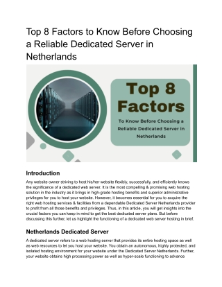 Top 8 Factors to Know Before Choosing a Reliable Dedicated Server in Netherlands