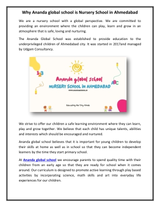 Why Ananda global school is Nursery School in Ahmedabad