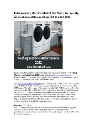 India Washing Machine Market Size Study, By type, By Application and Regional Forecast to 2022-2027