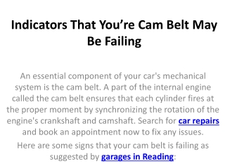 Indicators That You’re Cam Belt May Be Failing